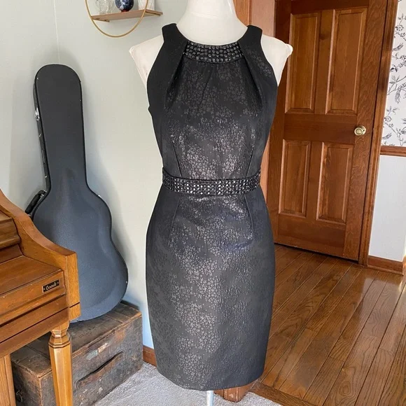 Carmen Marc Valvo | Dresses | Carmen Marc Valvo Collection Shimmer Little Black  Dress Beaded Neckline Size 4 | Poshmark